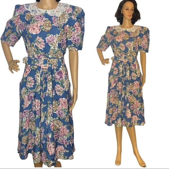 Vintage Floral Cottagecore Tea Dress Lace Collar 90s Modest Karin Stevens Sz 12 - Picture 1 of 12